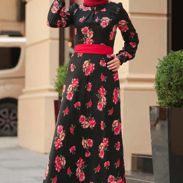 Summer Dress Black Red Flower